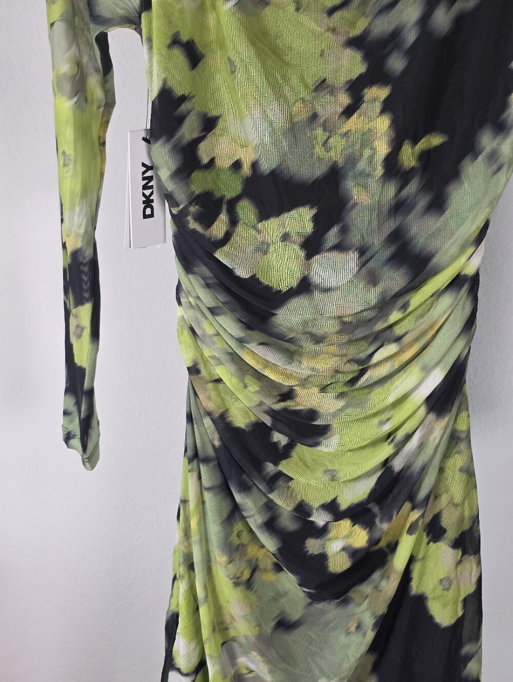 DKNY NWT Size 10P Green Floral Ruched Long Sleeve Mesh Midi Dress $129 - Picture 9 of 10